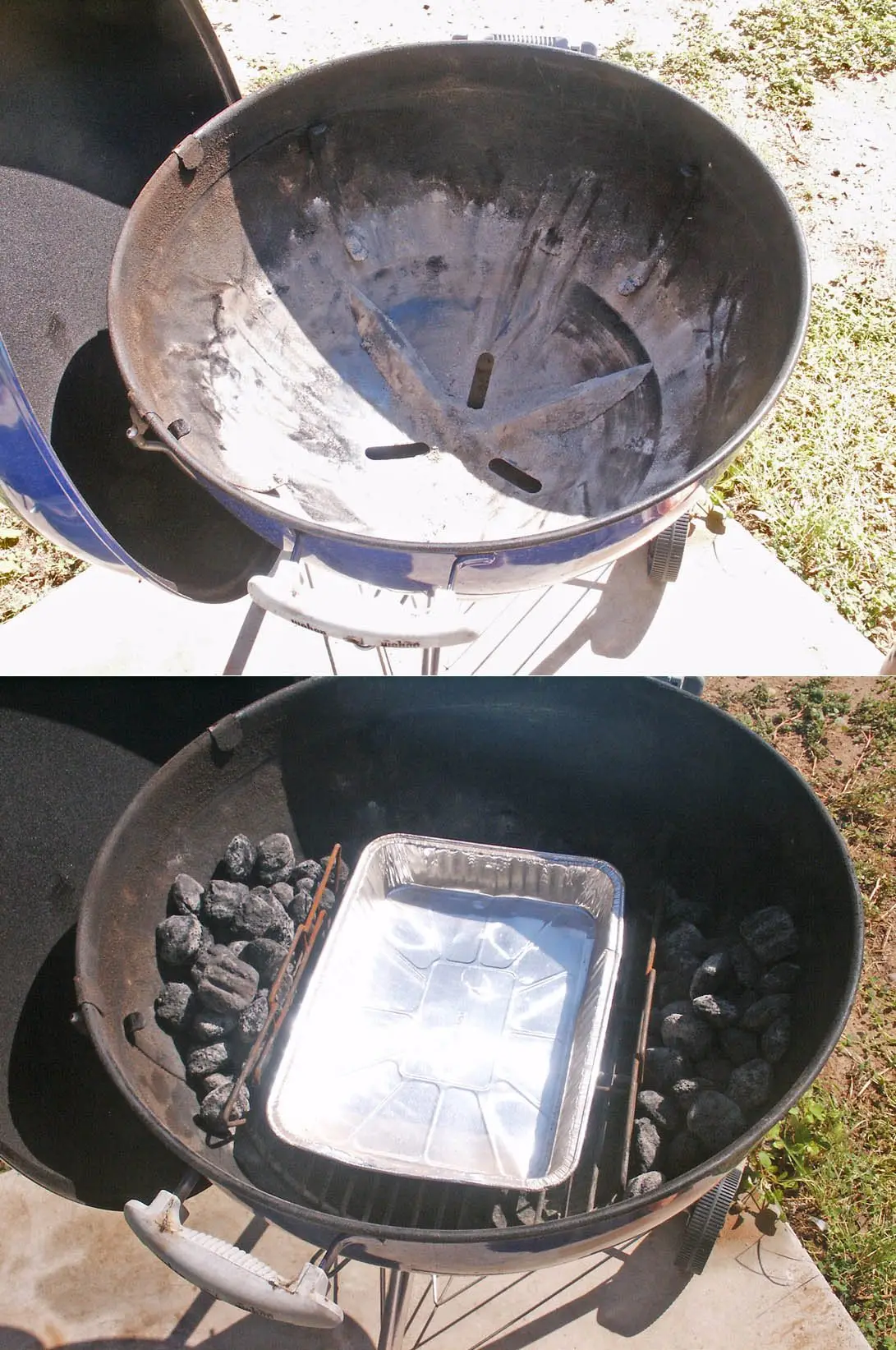 A kettle grill set up for indirect cooking, with coals banked to the sides and a drip pan in the middle