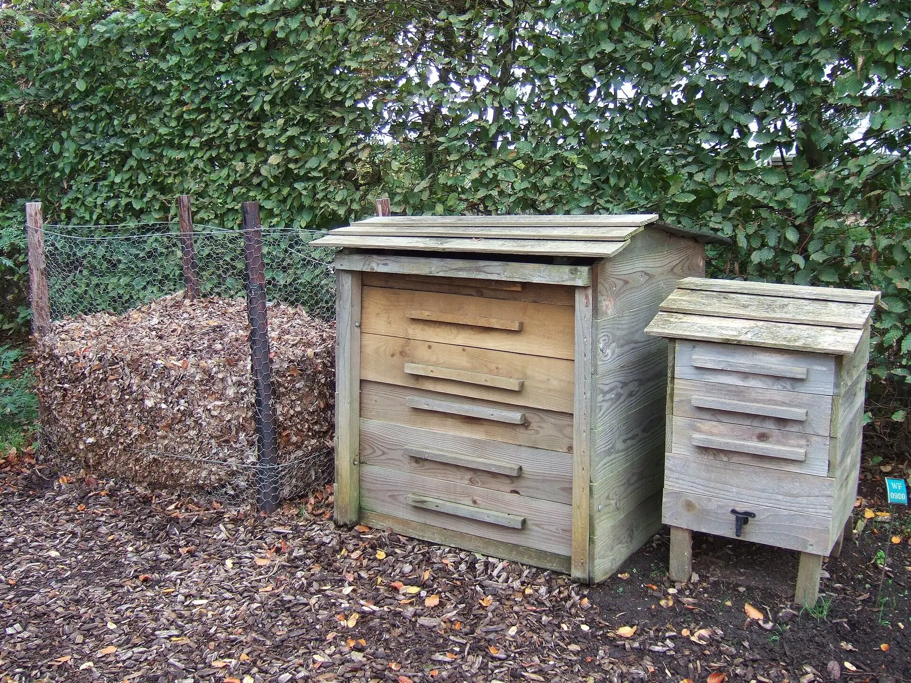 A leaf cage, a wooden compost bin and a wormery standing side by side in a garden